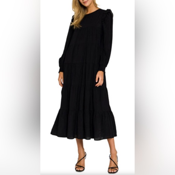 La’ Ven Long Sleeve Flowing Tiered Maxi Dress w Ruffle Shoulder & Back Neck Tie - Picture 1 of 8